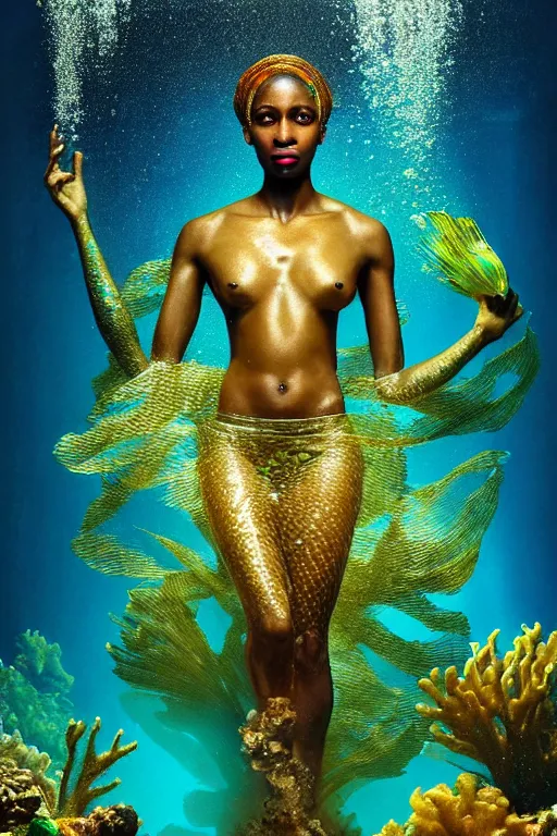 Prompt: hyperrealistic precisionist cinematic underwater scene with fish and algae, very expressive! translucent elegant african goddess, full body, gold jewerly, highly detailed face, digital art masterpiece, eric zener aykut aydogdu, volumetric light, long shot, low angle uhd 8 k, sharp focus