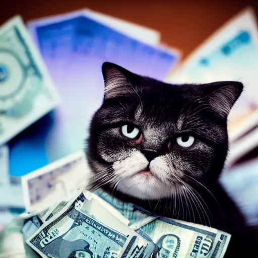 Prompt: a Scottish fold cat wearing Raybans Sunglasses sitting on a pile of $100 bills, blue hour, midshot