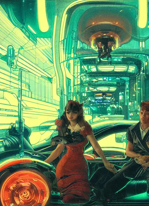 Image similar to portrait of a cyborg boy and a cyborg girl inside a car in the middle of futuristic tokyo at night. diffuse neon light, dramatic landscape, fantasy illustration, matte painting by mucha