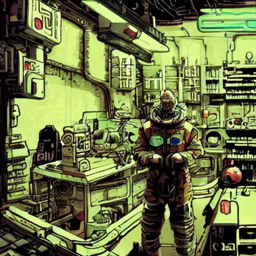 Prompt: a space merchant in their shop, cyberpunk, sci-fi, in the style of Ashley Wood and Moebius