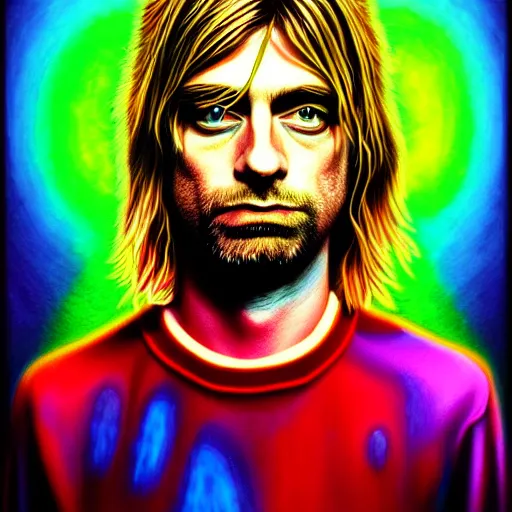Prompt: An extremely psychedelic portrait of Kurt Cobain, surreal, LSD, face, detailed, intricate, elegant, lithe, highly detailed, digital painting, artstation, concept art, smooth, sharp focus, illustration