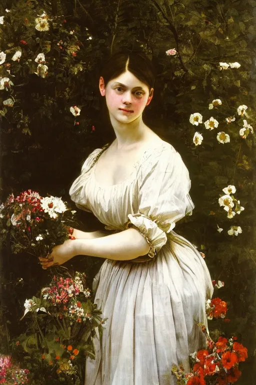 Prompt: Richard Schmid and caravaggio full length portrait painting of a young beautiful edwardian girl hold a large bouquet of flowers standing in a cottage garden