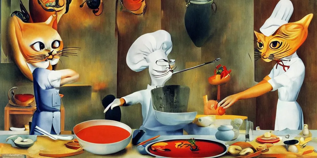 Prompt: anthropomorphic cats chef cooking a delicious colorful soup on TV show, by Salvador Dali