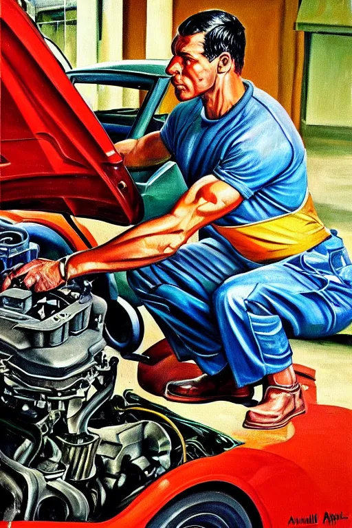 Image similar to muscular mechanic fixing a car engine painting by arnold armitage, cool colors,