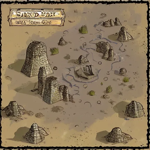 Image similar to an illustrated fantasy map of a small outpost. sand desert. junkyard. d & d. clear design. minimal.