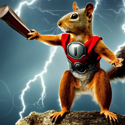 Prompt: a squirrel with thor outfit ~ holding the mjolnir ~ dramatic thunder background ~ trending ~