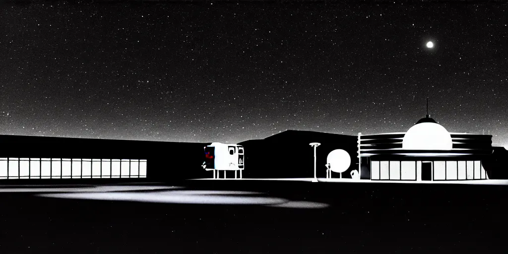 Image similar to low angle shot of a space port at night, film noir set design by Kabuki, in the style of Wes Anderson, shot on film, grainy, hyperrealistic, soundtrack by Tom Waits