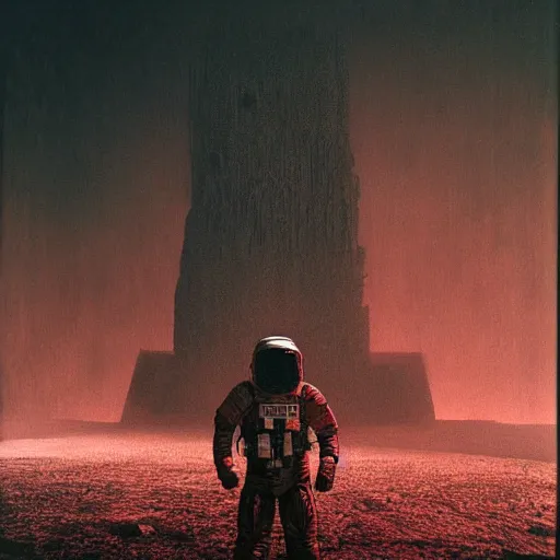 Image similar to astronaut standing in front of a big eerie hell cathedral on a destroyed planet, Zdzisław Beksiński style, black and red background, occult, photo realistic, dark atmosphere