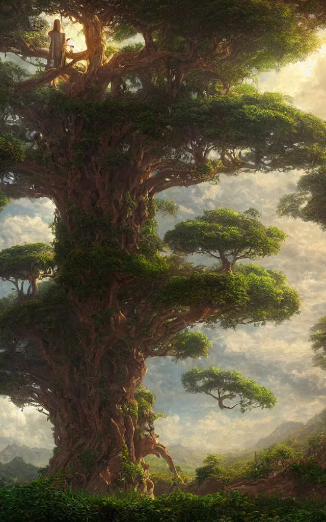 Image similar to beautiful hyper realistic detailed matte painting of fantasy tree of life in garden of eden, hd, hdr, by Moebius and John Howe and Albert Bierstadt and Alena Aenami, cinematic, 8k, ultra detailed, high resolution