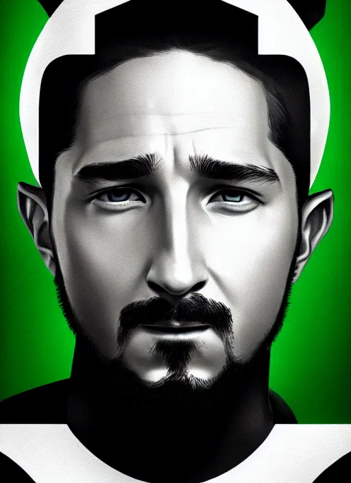 Image similar to highly detailed closeup portrait motivational poster of shia lebouf with large bold letter motivational words by greg rutkowski, by artgerm, gradient green, black and white color scheme, black border