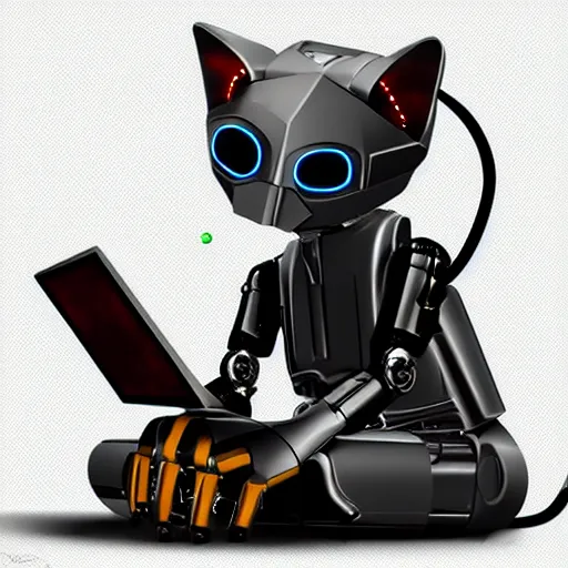 Image similar to a metallic robotic cyborg cat eating a computer mouse, cyberpunk, digital art, 8 k, trending on artstation