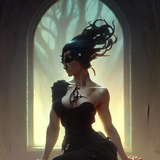 Prompt: goth gf, muscular upper body, D&D, fantasy, intricate, elegant, highly detailed, digital painting, artstation, concept art, smooth, sharp focus, illustration, art by artgerm and greg rutkowski and alphonse mucha