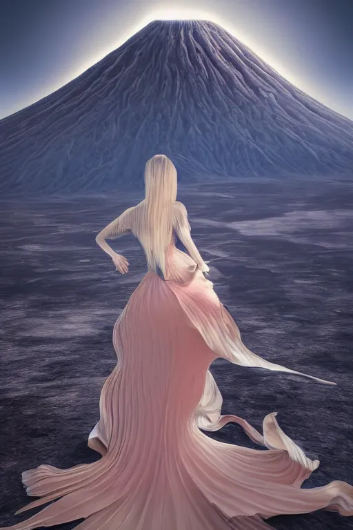 Image similar to a beautiful hyperrealistic ultradetailed 3D, one girl in a magnificent dress stands near a volcano, voge photo, fashion style, fullbody, in full growth, photorealistic, high resolution, trending on artstation, highly detailed, volumetric lighting,artstation, concept art, master illustration, elegant, details, good clear quality, volumetric lighting,