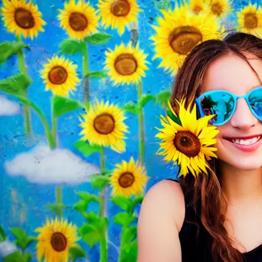 Image similar to Portrait, Graffiti of a Ukrainian girl Smiling at the camera, Beautiful pretty young, flowers in her dark hair, Scene: Sunflower field, Colors: Yellow sunflowers, blue cloudy sky, In a style of Graffiti tag