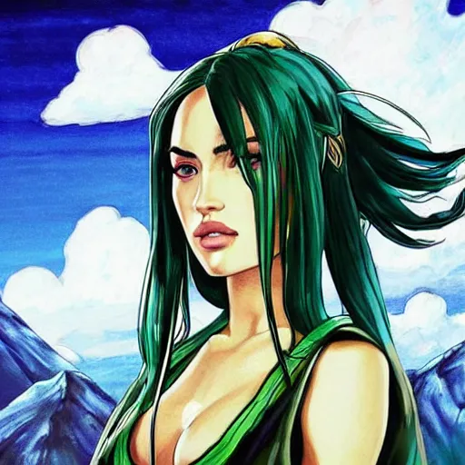 Image similar to “Megan Fox, portrait!!! Mononoke-hime style, cartoon, blue sky with white clouds green hills and mountains on the background, fantasy, photorealistic, concept Art, ultra detailed portrait, 4k resolution”