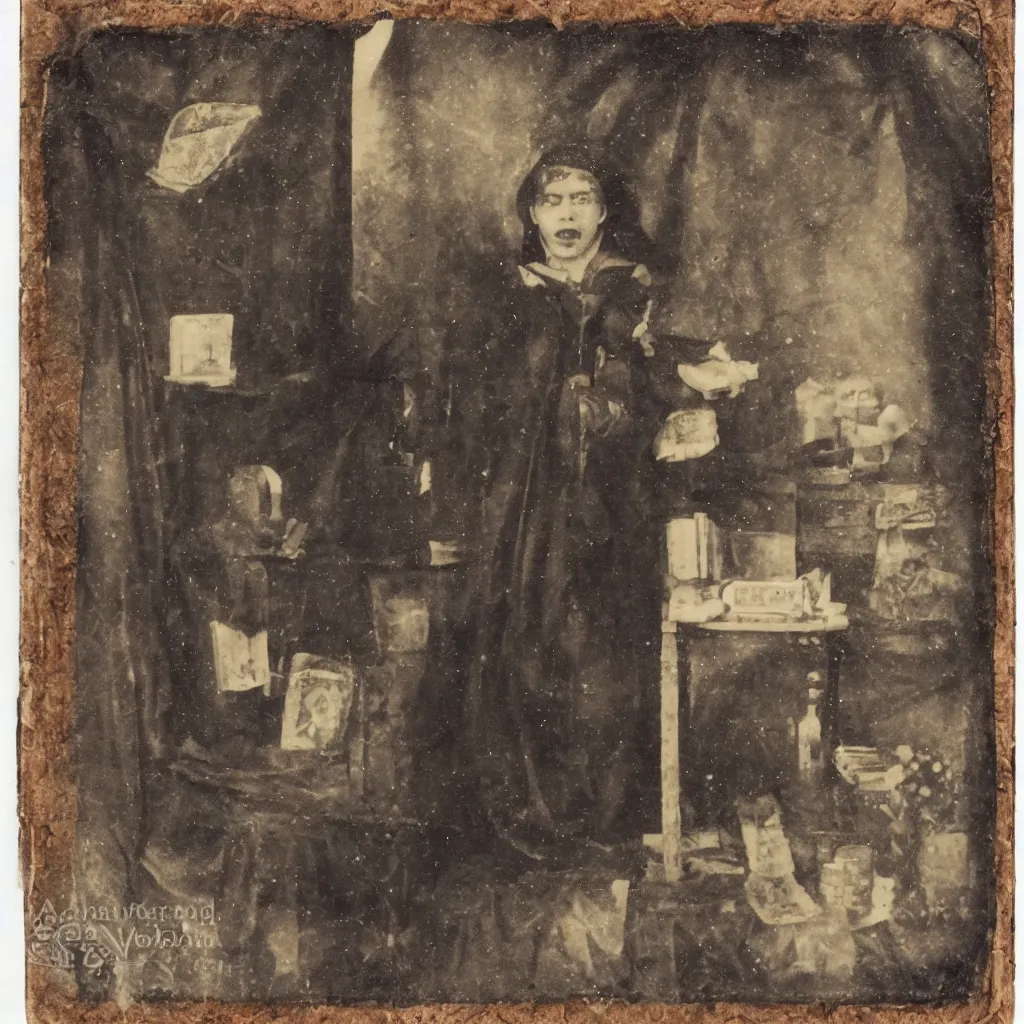 Prompt: tintype of a pagan cultist with occult books