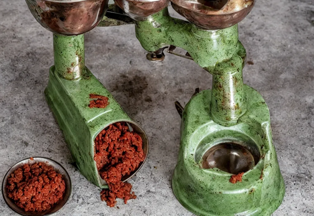 Prompt: a rusty vintage meat grinder full of ground beef and ketchup on a green marble table