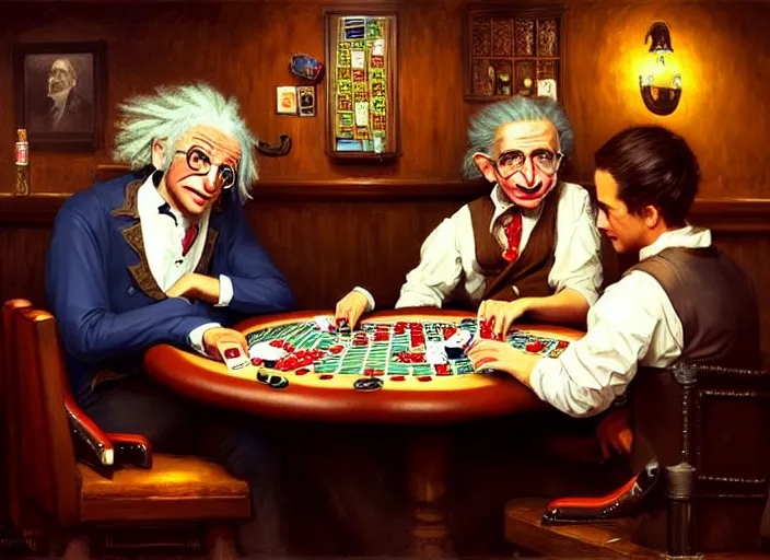 Image similar to playing poker in a saloon, Isaac Newton and Stephen Hawking and Albert Einstein, by Mandy Jurgens, trending on artstation, Richard Schmid and norman rockwell