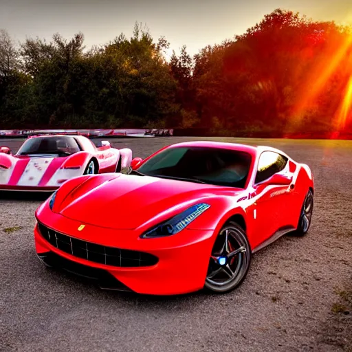 Image similar to cinematic fast sportscar reminiscent of ferrari and porsche in a lush field, shiny, red, beautiful lighting, photorealistic, sharp, sunset, by scott robertson