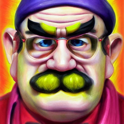 Image similar to wario from the mario series oil painted self - portrait ( greatly painted, beautifully painted by a renowned artist, greatly detailed. good quality painting, uhd, 4 k )