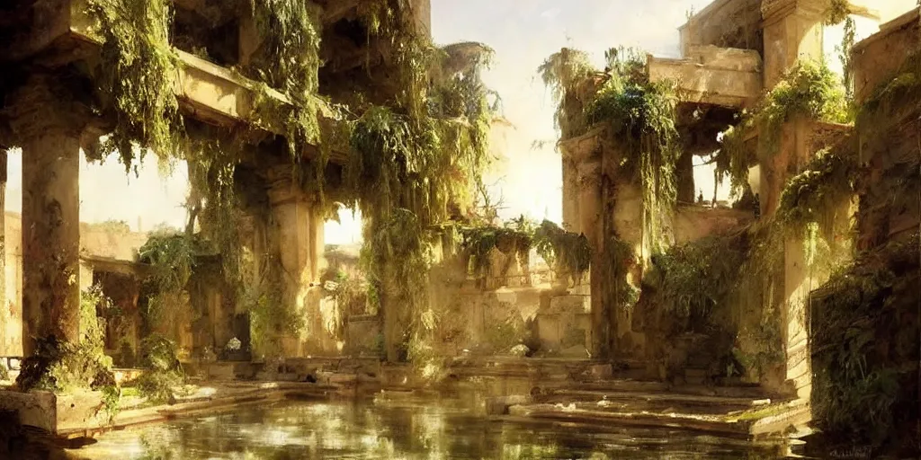 Image similar to beautiful landscape oil matte painting, of ancient hanging gardens of babylon, art by anders zorn, wonderful masterpiece by greg rutkowski, beautiful cinematic light, american romanticism, by thomas lawrence, greg rutkowski