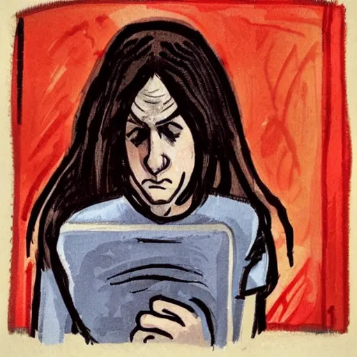 Prompt: sad prisoner holding ipad, prison cell, frustrated expression, dark mood, hopelessness, gloomy, in the style of edward munch