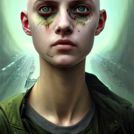 Image similar to portrait painting of a post - apocalyptic green haloed bald androgynous teenager with white eyes, ultra realistic, concept art, intricate details, eerie, highly detailed, photorealistic, octane render, 8 k, unreal engine. art by artgerm and greg rutkowski and charlie bowater and magali villeneuve and alphonse mucha