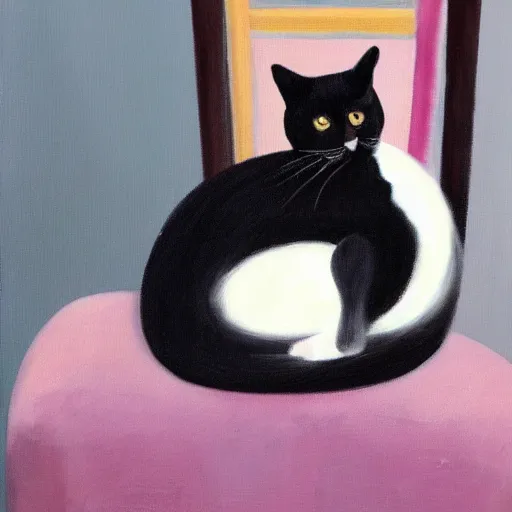 Prompt: a back and white cat sitting on a chair portrait oil painting -4