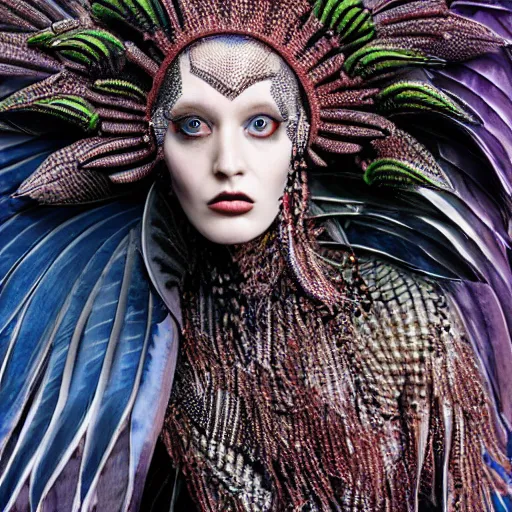 Image similar to an alien queen with fish scales and feathers by jan van eyck, ernst fuchs, nicholas kalmakoff, joep hommerson, fashion editorial, prosthetic makeup, character, full body