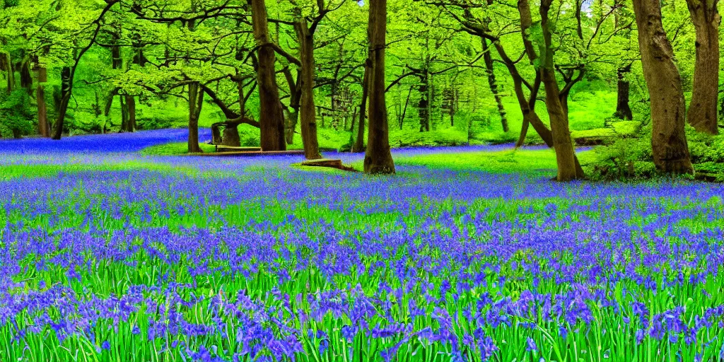 Image similar to a park filled with bluebell flowers, containing a lake crossed by a big beautiful bridge, scenery wallpaper