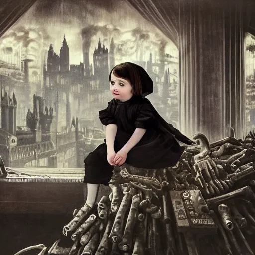 Image similar to a photo of young sad victorian gothic child with big eyes and wide grin sitting on a sofa of bones surrounded by a cyber futuristic cityscape made of human body parts, ultra detailed, 8 k resolution, beautiful lighting, expansive detailed layered city, landscape, 5 0 mm, perfect faces