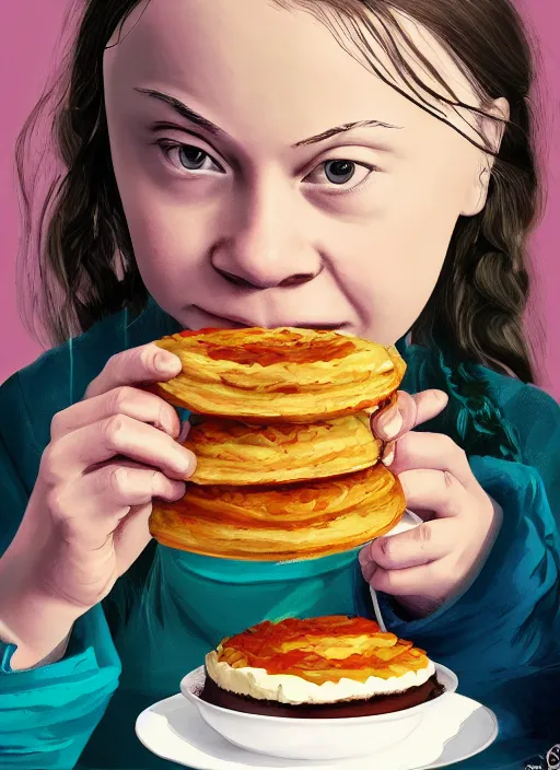 Image similar to greta thunberg eating cakes, detailed digital art, trending on Artstation
