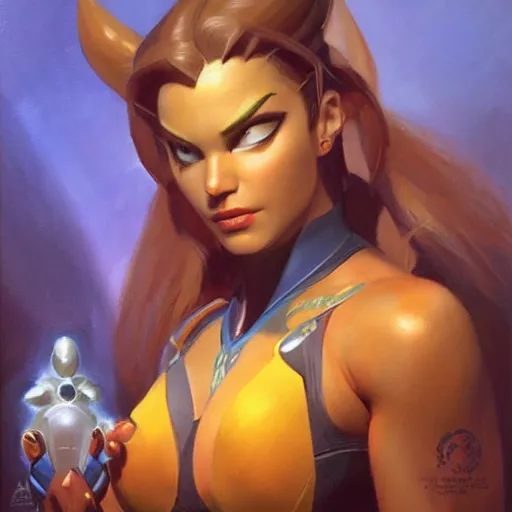 Image similar to detailed portrait symettra from overwatch pokemon intricate, hyper detailed, realistic, oil painting, by julie bell, frank frazetta, cinematic lighting