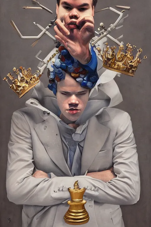 Prompt: a painting of magnus carlsen as king of chess, a surrealist painting by james jean, trending on cgsociety, pop surrealism, androgynous, grotesque, angular