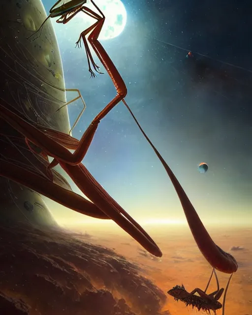 Prompt: a giant praying mantis in space eats planet, photo realistic, epic composition, epic light, high details by greg rutkowski and mark marc simonetti