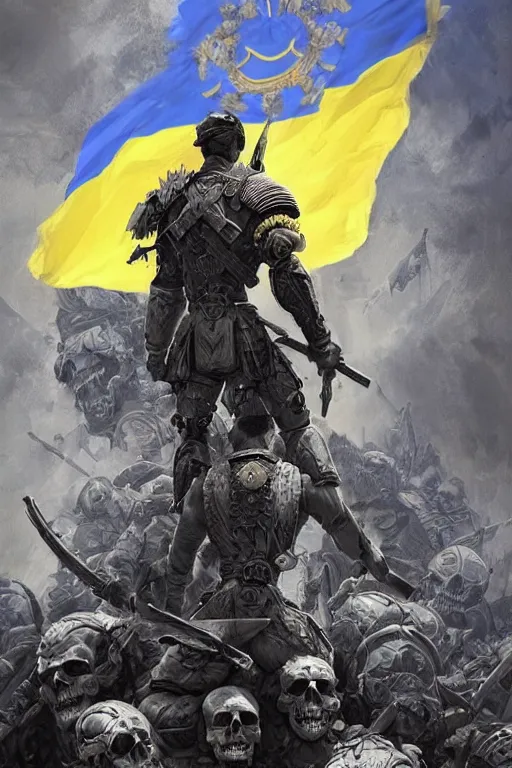 Image similar to a distant shot from behind of a Ukrainian super soldier with blue and yellow flag behind him standing alone on a huge pile of skulls as a winner, masculine muscular figure, D&D, fantasy, intricate, elegant, highly detailed, extremely detailed, digital painting, artstation, concept art, matte, sharp focus, symmetrical, illustration, art by Artgerm and Greg Rutkowski and Alphonse Mucha