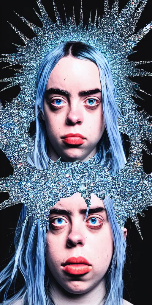 Image similar to professional photo shot of an billie eilish made of silica crystal spikes, melted with rocks in the background, microscopic picture, grimy, gritty, trending on artstation, award winning, close shot, by aleks labuda and barry webb