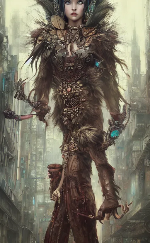 Image similar to hyper realistic Princess Mononoke, ornate mask magic, wet market street, cyberpunk metropolis, city landscape, jewels, full body pose, full moon, style of tom bagshaw, mucha, james gurney, norman rockwell, denoised, sharp