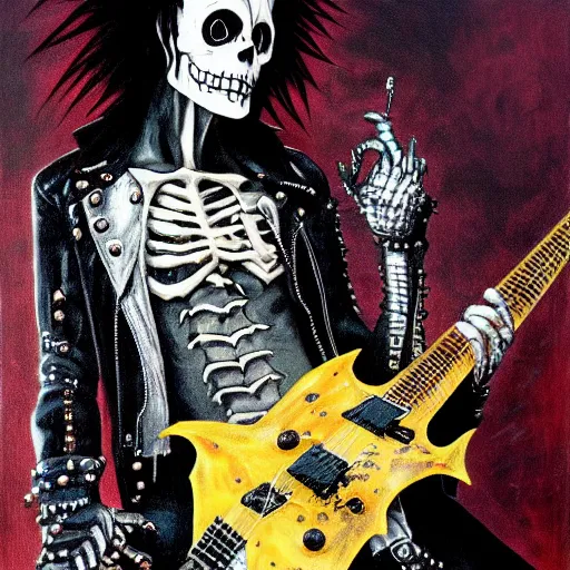 Prompt: a portrait of the grim reaper as a punk rocker playing an electric guitar, punk, skeleton face, mohawk, dark, fantasy, leather jackets, spiked collarsand wristbands, piercings, boots, ultrafine detailed oil on canvas painting by frank frazetta and vito acconci and and takeshi obata, death note style, symetric body, sharp focus