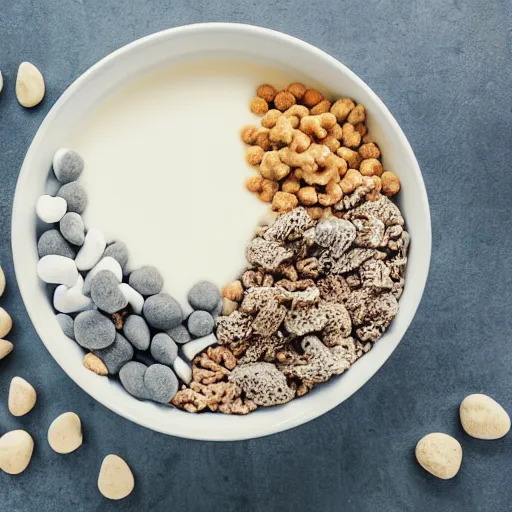 Image similar to giant bowl of cereal and milk, with stones and rocks in the milk.