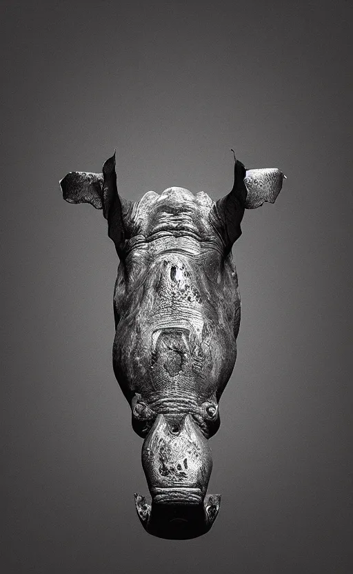 Image similar to rhino head made of black cast iron on a black background. gothic baroque. low poly. symmetry. epic. ominous shapes. hyper detailed.