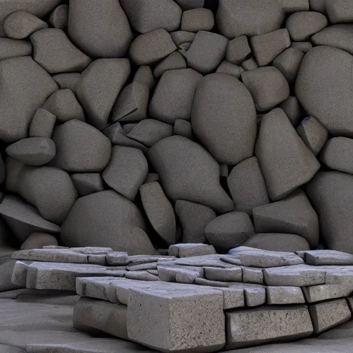 Image similar to modern sculpture of piled stones, wood, nails, sunlit, photorealistic, 3 d rendering, higly detailed, minimalist, made with unreal engine, cgsociety, by yves tanguy, by nate boyce, by david smith