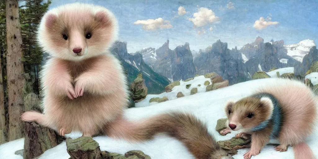 Image similar to 3 d precious moments plush weasel with realistic fur and an blue / white / gray / green / pink / tan / mid pink / blue gray color scheme, snowy mountain landscape, master painter and art style of john william waterhouse and caspar david friedrich and philipp otto runge