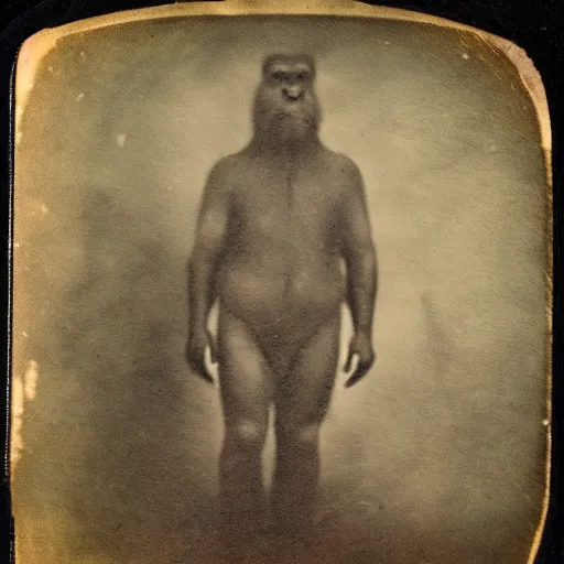 Prompt: blurry tintype photo of Bigfoot