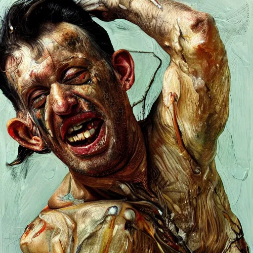 Image similar to high quality high detail painting by lucian freud and jenny saville, hd, crazy man with an axe, turquoise