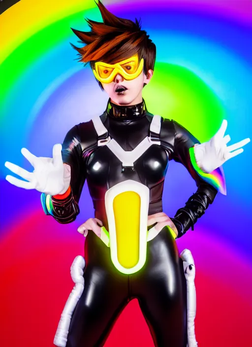 Prompt: full body overwatch style oil painting portrait of tracer overwatch, confident pose, full body, full body, wearing black jagged iridescent rainbow latex armor, rainbow, neon, 4 k, expressive surprised expression, makeup, wearing large rainbow neon choker, studio lighting, acid, trippy, black leather harness, expressive detailed face and eyes,