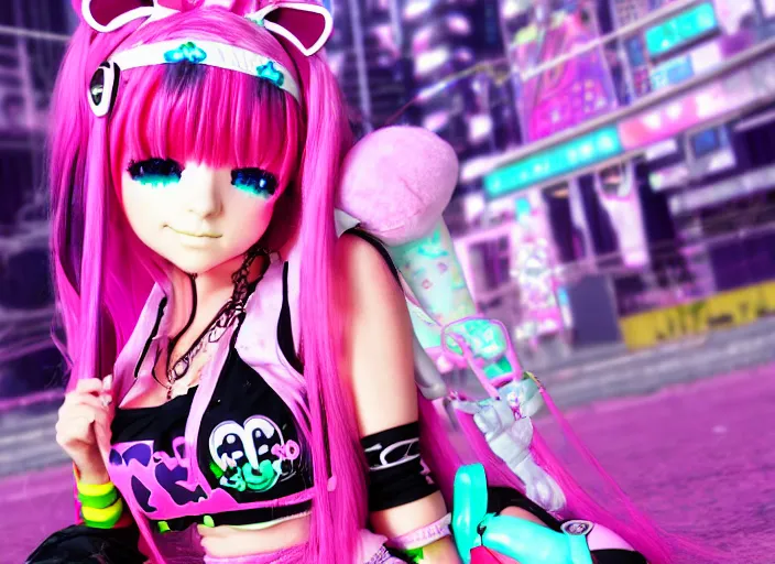 Image similar to 3 d anime render of a decora gyaru kawaii cybergoth emo fashion model vtuber, in a cyberpunk blade runner maximalist city of my melody sanrio plushies, artstation cgsociety