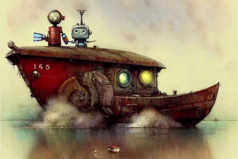 Image similar to adventurer ( ( ( ( ( 1 9 5 0 s retro future robot android mouse house boat tug boat calm stream. muted colors. ) ) ) ) ) by jean baptiste monge!!!!!!!!!!!!!!!!!!!!!!!!! chrome red