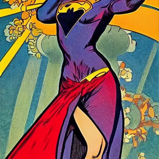 Prompt: a beautiful young woman. she is a superhero, wearing a superhero costume. well composed, clean elegant painting, beautiful detailed face. retro comic book art by steve ditko and jack kirby and ( alphonse mucha )