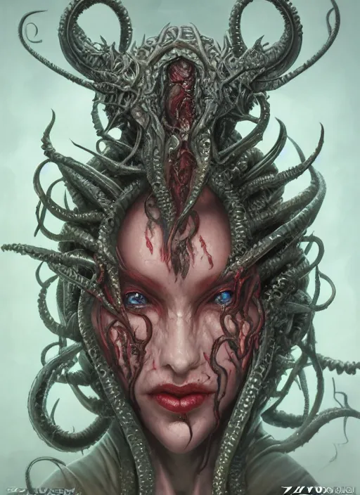 Image similar to a hyper detailed face portrait of the queen of blades, diablo 4 lilith, sideshow figurines, cthulu, by yusuke murata, by hiroya oku, by dorian cleavenger, by tom bagshaw, by zdzisław beksinski, trending on artstation